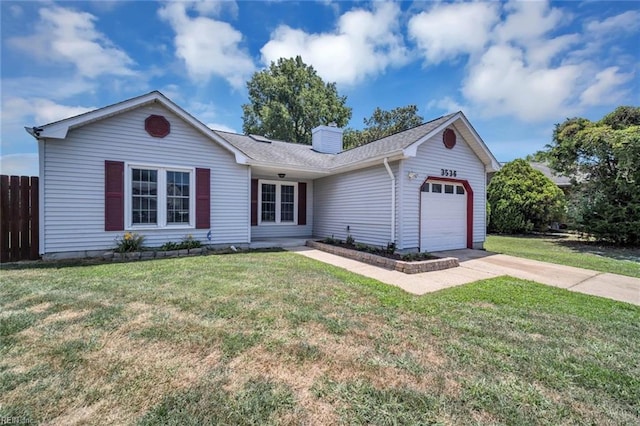 ranch-style house featuring a garage and a front lawn