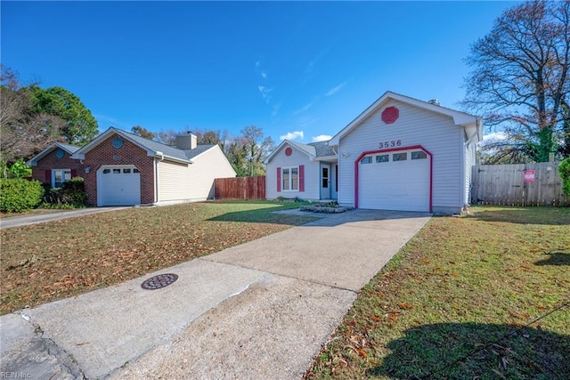 ranch-style home featuring a garage and a front yard