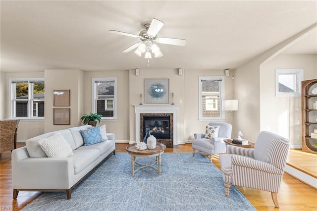 living room featuring hardwood / wood-style flooring, a healthy amount of sunlight, and a premium fireplace