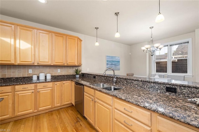 kitchen featuring sink, dishwasher, decorative backsplash, decorative light fixtures, and dark stone counters