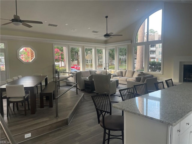 dining room featuring dark hardwood / wood-style flooring and ceiling fan