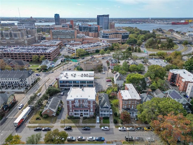 aerial view featuring a water view