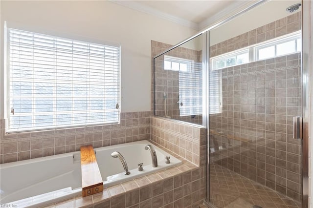 full bath with a garden tub, a shower stall, and crown molding