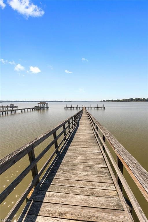 dock area with a pier and a water view