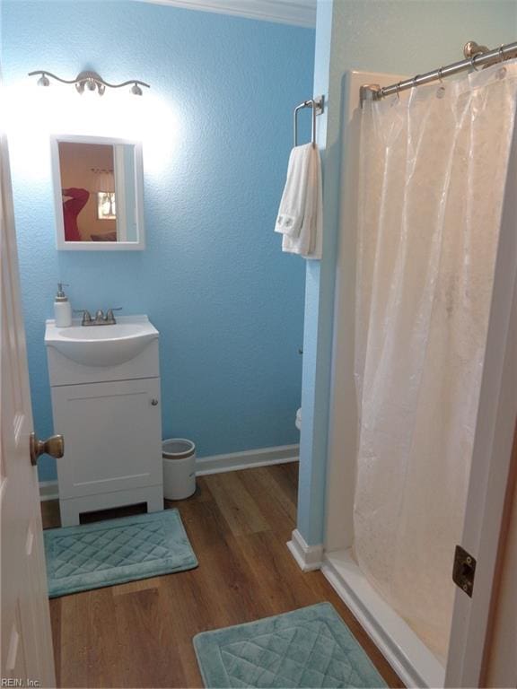 bathroom featuring a shower with curtain, wood-type flooring, and vanity