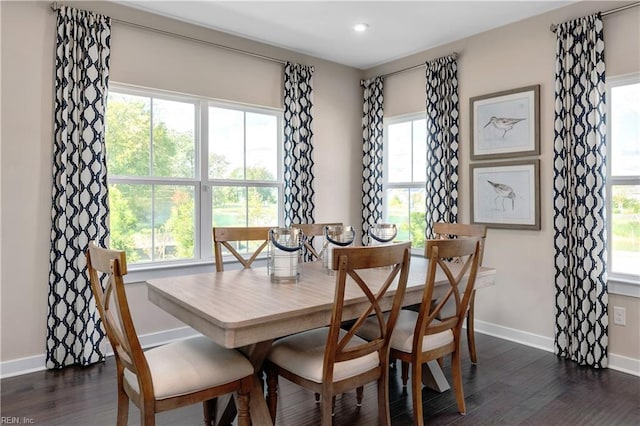 dining room with a wealth of natural light and dark wood-type flooring