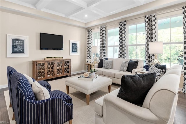 living room with hardwood / wood-style floors, beamed ceiling, and coffered ceiling