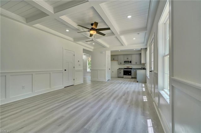 unfurnished living room featuring ceiling fan, beam ceiling, light wood-type flooring, and coffered ceiling