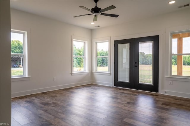 interior space featuring french doors, dark hardwood / wood-style floors, and ceiling fan