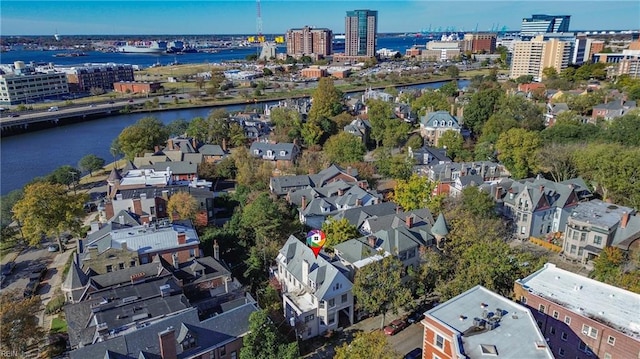 drone / aerial view with a water view