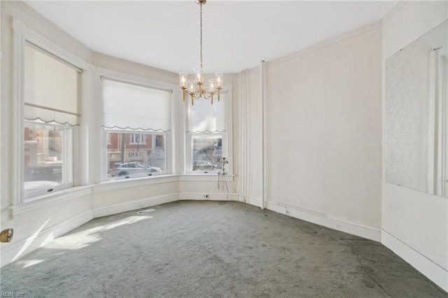 unfurnished dining area with carpet floors and an inviting chandelier