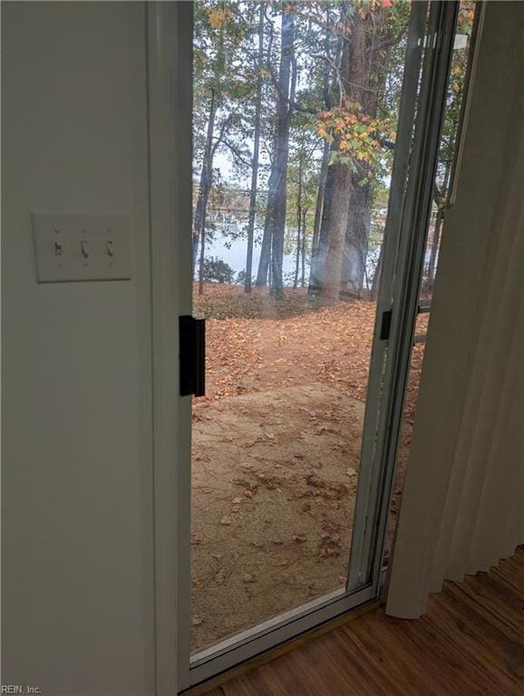 doorway to outside featuring a water view and hardwood / wood-style flooring