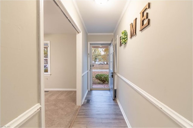 doorway to outside featuring hardwood / wood-style flooring and crown molding