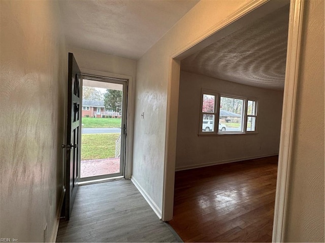 doorway with baseboards and wood finished floors