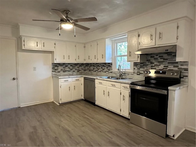 kitchen with a sink, white cabinetry, under cabinet range hood, a ceiling fan, and appliances with stainless steel finishes
