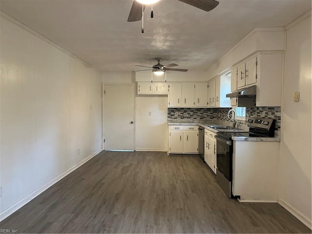 kitchen with a sink, stainless steel appliances, a ceiling fan, under cabinet range hood, and dark wood-style floors