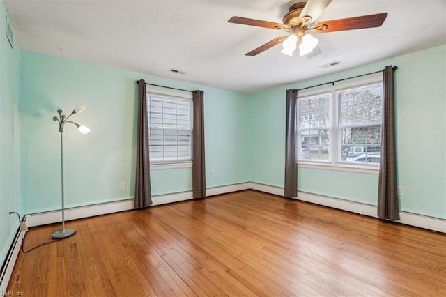 empty room featuring a baseboard radiator, light hardwood / wood-style flooring, and ceiling fan