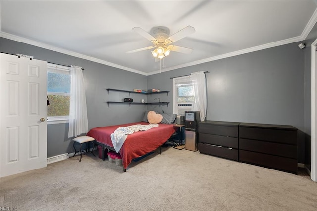 bedroom featuring multiple windows, ceiling fan, crown molding, and light carpet