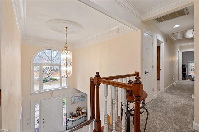 foyer entrance with carpet flooring and crown molding