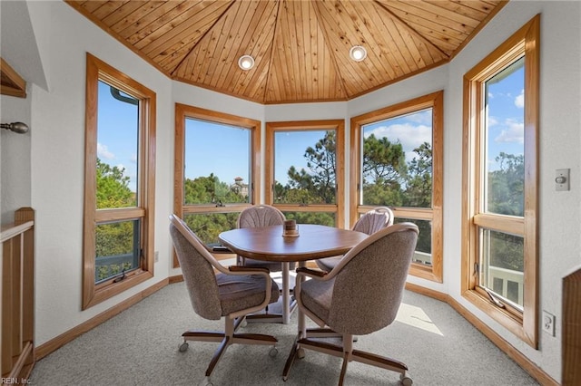 sunroom with plenty of natural light, wood ceiling, and lofted ceiling