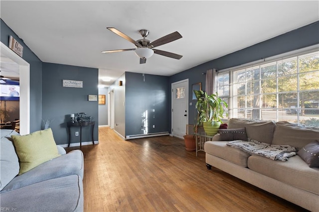 living room with hardwood / wood-style floors, baseboard heating, and ceiling fan