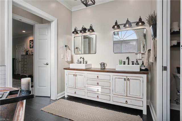 bathroom with wood-type flooring, vanity, and ornamental molding