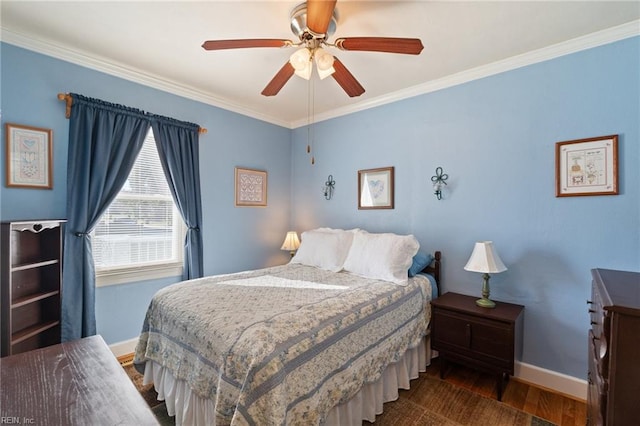 bedroom featuring ceiling fan, dark hardwood / wood-style flooring, and ornamental molding