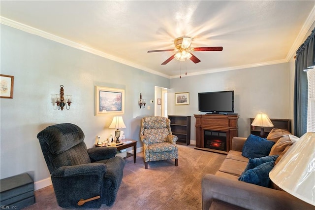 living room featuring carpet flooring, crown molding, and ceiling fan