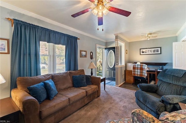 living room with hardwood / wood-style flooring, ceiling fan, and ornamental molding