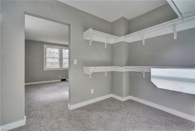 walk in closet featuring light colored carpet