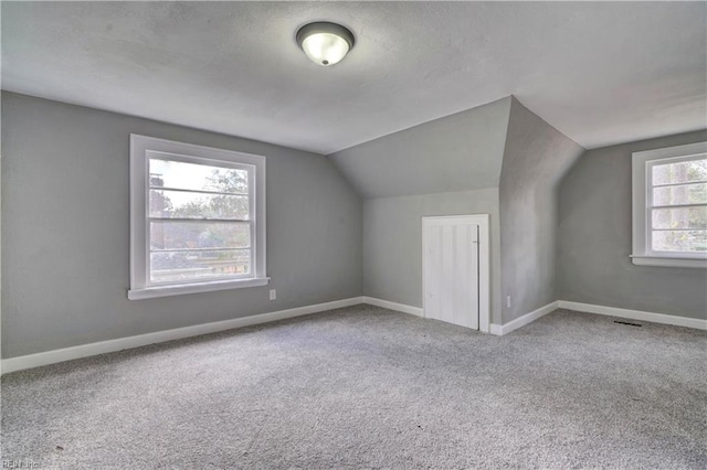 additional living space featuring lofted ceiling, carpet floors, and a wealth of natural light