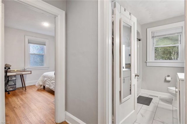 bathroom featuring hardwood / wood-style floors, vanity, toilet, and a wealth of natural light