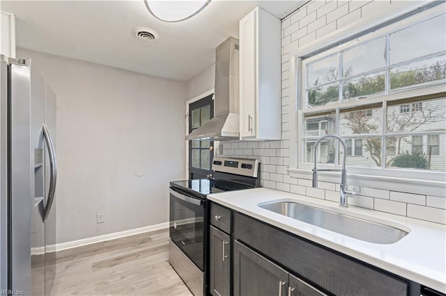 kitchen featuring wall chimney exhaust hood, sink, white cabinetry, and stainless steel appliances