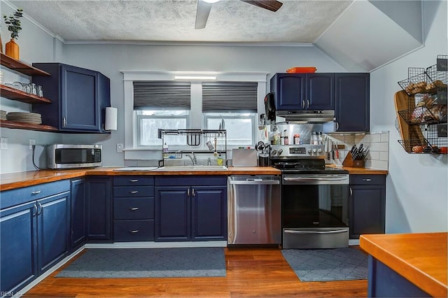 kitchen featuring stainless steel appliances, dark hardwood / wood-style flooring, blue cabinets, a textured ceiling, and lofted ceiling