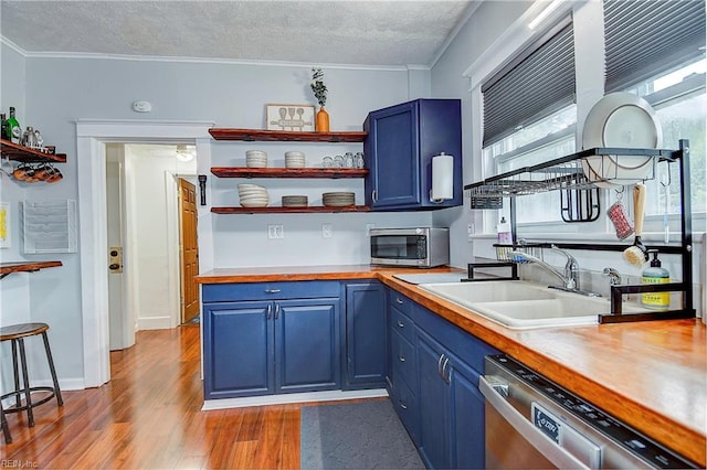 kitchen with blue cabinetry, light wood-type flooring, sink, and appliances with stainless steel finishes