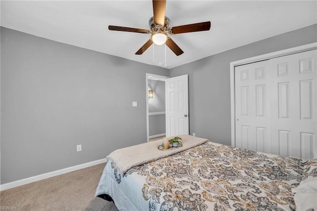 bedroom featuring ceiling fan, a closet, and carpet