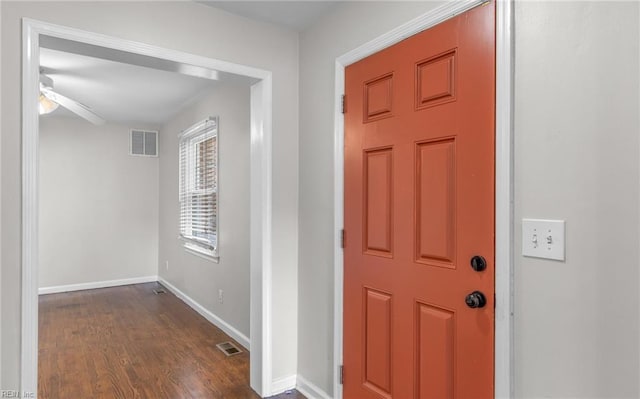 foyer featuring dark hardwood / wood-style floors and ceiling fan