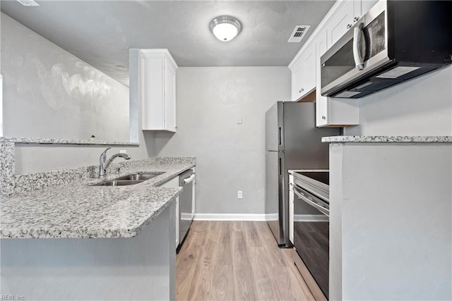 kitchen featuring light stone countertops, white cabinetry, sink, stainless steel appliances, and light hardwood / wood-style floors