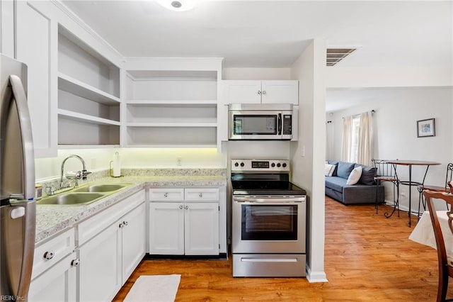 kitchen featuring white cabinets, light wood-type flooring, sink, and appliances with stainless steel finishes