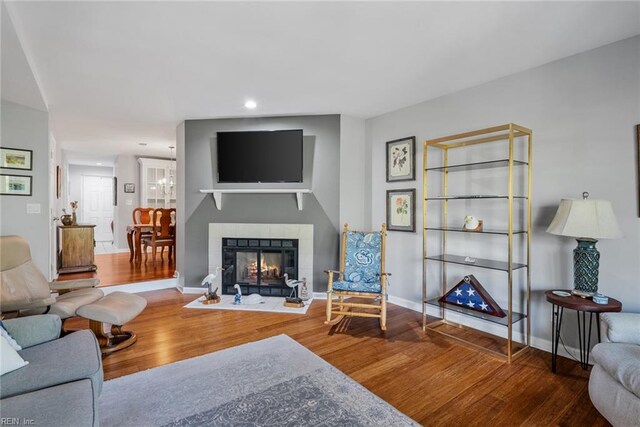 living room with a tiled fireplace and wood-type flooring