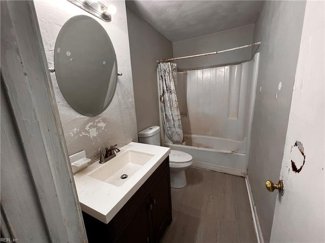 full bathroom featuring shower / bath combination with curtain, vanity, wood-type flooring, and toilet