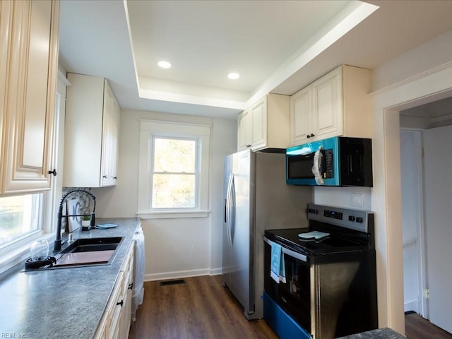 kitchen featuring appliances with stainless steel finishes, dark hardwood / wood-style flooring, a raised ceiling, sink, and white cabinets