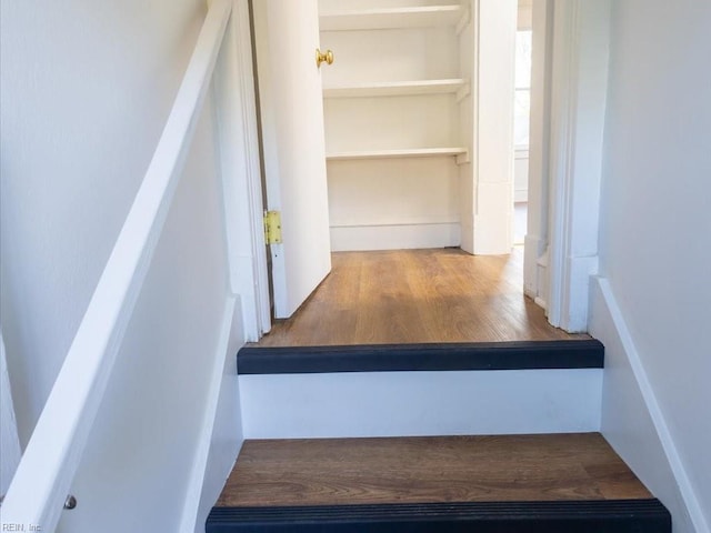 stairs featuring wood-type flooring