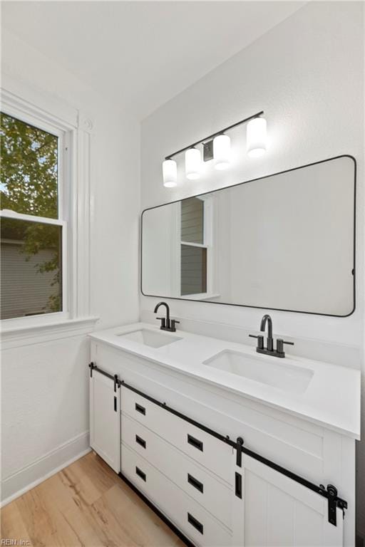 bathroom with hardwood / wood-style floors and vanity