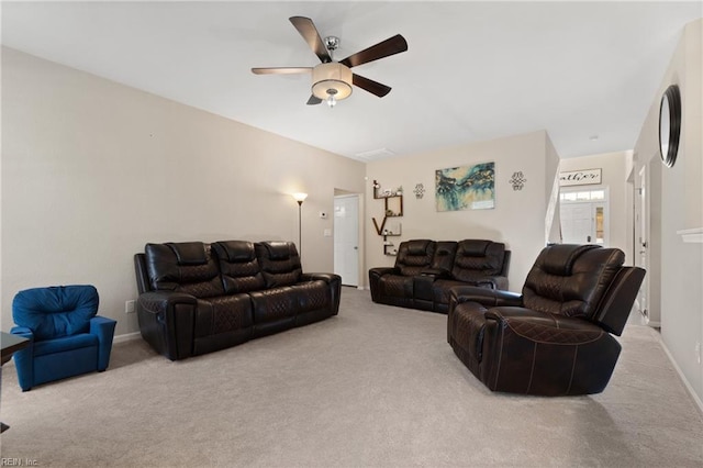 living room featuring ceiling fan and light colored carpet