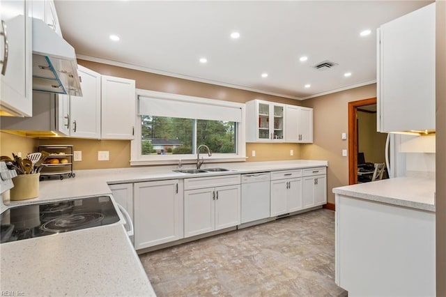 kitchen featuring ornamental molding, white dishwasher, extractor fan, sink, and white cabinetry