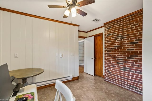 dining area featuring ceiling fan, ornamental molding, brick wall, and a baseboard radiator