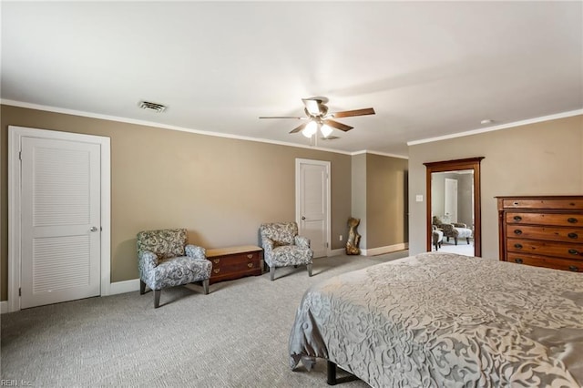 bedroom featuring ceiling fan, crown molding, and light carpet