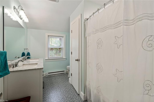 bathroom with walk in shower, vanity, toilet, and baseboard heating