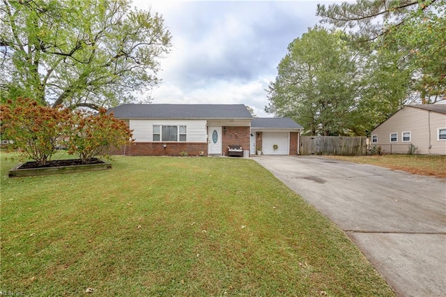 single story home featuring a garage and a front lawn